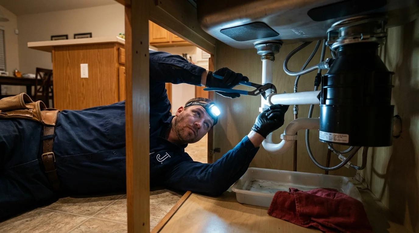 P-trap and supply line connections under a kitchen sink showing a common leak point in Windsor, PA